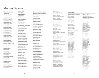 4
Master’sDegrees
17
College of Arts &
Sciences
Master of Arts
Alaina Nicole Andersen
Marriage & Family Therapy
Crystal Nicole Blackston
Marriage & Family Therapy
Johanna Nicole Boyd
Marriage & Family Therapy
Amanda Joy Deetz
Marriage & Family Therapy
Krystal Laneé Handy
Marriage & Family Therapy
Allison Jean Huffman
Marriage & Family Therapy
Renée Marie Johnson
Marriage & Family Therapy
Jennifer Leigh Meyer
Marriage & Family Therapy
Chéri R. Rohlman
Marriage & Family Therapy
Shana Lynn Whitney
Marriage & Family Therapy
	
Master of Fine Arts
Noah Aaron Ashenhurst
Creative Writing
Barrie Jean Borich
Creative Writing
Bill Capossere
Creative Writing
Patricia Ellen Craig
Creative Writing
Barbara Rupp Finkelstein
Creative Writing
Casey Neal Fuller
Creative Writing
Eric Walter Gnezda
Creative Writing
Jaimie Michelle Hays
Creative Writing
Erin Coughlin Hollowell
Creative Writing
Lita Ann Kurth
Creative Writing
Julie Anne Riddle
Creative Writing
Tina Marie Schumann
Creative Writing
Judith Lynip Shadford
Creative Writing
Kristy Ann Webster
Creative Writing
	
School of Business
Master of Business
Administration
Amad Almsaodi
Harald Andre Berge
Arne Vidar Bjelland
Bradley Eric Busick
Kay Jenna Clodfelter
Andrew David Ecklund
Wondwassen K. Engida
Leonardo Garcia Etcheto
Cara Lisa Feneis
Lawrence Benjiman Green
Ryan Andrew Hart
James William Keck
Verland Wayne Kissner
Weber Lai
Sumerlin C. Larsen
Kimberly Ann Lintott
Ronald L. Lovin
Lisa Ann McVay
Kevin Richard Morrison
Derek Warren Osborn
Matthew Anthony Palcich
Yanyang Rebecca Peng
Jason Richard Ruiz
Nanyoung Koo Shiraiwa
School of Education
& Movement Studies
Master of Arts in
Education
Kristen Lee Alston
Tyler James Anderson
Melissa Ann Barnett
Olga A. Bazan
Laurie Renee’ Beauchemin
Christopher David Benson
Aaron James Chantler
Brent Stanley Chantler
Nicole Suzanne Cockle
Lori Ann Mikie Couch
Margery Ann Davis
Samara Dienst-Philipson
Julie Maureen Dolly
Joanne C. Flom
Shawn Lloyd Foote
Leanne Forster
Jonathan M. Fox
Michelle Margrit Fox
Tenesha Nichole Fremstad
Jason Anthony Grice
Kyle Elizabeth Haag
Kristin Michelle Haney
Jenifer Kathleen Hoffert
Stephanie Marie Holstrom
Gary Lynn Hoopes
Ashleigh Lynne Houlton
Gwendolynn Marie Garrison
Jared J. Judd
Melissa Jean Kaasa
Kelly Ann Keister
Sean Robert Kennedy
Adam Lynn Ladage
Peter Robert Larson
Honors
Departmental Honors
Ryan G. Ceresola
Honors in Sociology
Skylar S. Cole
Honors in Sociology
Kerri R. Feider
Honors in Sociology
Eric D. Gordon
Honors in Chemistry
Mycah R. Uehling
Honors in Chemistry
Who’s Who
Among Students in
American Universities
and Colleges
Zachary R. Alger
Maren I. Anderson
Daniel A. Baker
Marit A. Barkve
Lauren Z. Buchholz
Ryan G. Ceresola
Timothy L. Chalberg
Skylar S. Cole
Katherine L. Collins
Laura M. Comstock
Shayna N. Doi
Vy H. Dotson
Krista M. Dunham
Lauren A. Eaton
Margaret A. Ellsworth
Kristen M. Gelbach
Andrew D. Guinn
Krista R. Gunstone
Rachel A. Hatlen
Kristina M. Huehl
Nathan A. Hulings
Kalia L. Hymes
Stephanie G. LaCrone
Monika E. Maier
Peter J. Moran
Lauren M. Nance
Julie J. Olds
Kathryn R. Oliver
Kareen S. Ottley
Allison M. Parks
Eric T. Pfaff
Krista F. Rajanen
Riley S. Relfe
Benjamin W. Resare
Kristi C. Riedel
Timothy D. Siburg
Emily C. Smith
Amy L. Spieker
Johanna M. Stangland
Brittany A. Staten
Catherine A. Stout
Renee L. Stupfel
Ruth E. Tollefson
Allison N. Tompkins
Karen R. Van Nostran
Elizabeth M. Zimmerman
Pinnacle Society
Maren I. Anderson
Marit A. Barkve
Katherine T. Bray
Allison L. Cambronne
Ryan G. Ceresola
Timothy L. Chalberg
Shayna N. Doi
Lauren A. Eaton
Kristen M. Gelbach
Trinity J. Gibbons
Andrew D. Guinn
Rachel A. Hatlen
Valorie A. Kissel
Robert T. Moore
Kathryn R. Oliver
Kareen S. Ottley
Benjamin W. Resare
Kristi C. Riedel
Timothy D. Siburg
Amy L. Spieker
April M. Nyquist
Lauren M. Nance
Nathan A. Hulings
Ruth E. Tollefson
Monika E. Maier
Division of Natural Sciences
Undergrad. Research Fellow
Kristen G. McCabe
Peter & Lydia Beckman Scholar
Steven M. McKnight
President’s Music Scholar
Lauren D. Meyer
A & H Cary Undergrad. Research
Fellow
Paul W. Nicholson
Division of Natural Sciences
Undergrad. Research Fellow
Julie J. Olds
Wang Grant Recipient
Melissa A. Roach
Elbert H. & Janice M. Baker Music
Scholar
Laurie N. Rogers
Stanley & Terryl Brue Scholar
Shannon N. Schrecengost
Wang Grant Recipient
Timothy D. Siburg
Donald Reiman Award in Economics
Renee L. Stupfel
Clifford & Ella Olson Music Scholar
Derek A. Tilton
Chester Buhl Music Scholar
Ruth E. Tollefson
George E. Arbaugh Scholar
Evelyn F. Turner
Anthropology Alumni Award
Mycah R. Uehling
Division of Natural Sciences
Undergrad. Research Fellow
Michelle J. Yonce
Cheney Award in Economics
Melissa B. Youngquist
Division of Natural Sciences
Undergrad. Research Fellow
Elizabeth M. Zimmerman
National Science Foundation
Undergrad. Research Fellow
 