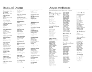 6 15
Bachelor’sDegrees
College of Arts &
Sciences
Bachelor of Arts
Philip John Adams
Religion
Matthew LeGlenn Akridge
Economics
Zachary Ryan Alger
Political Science, Spanish
magna cum laude
Christopher Albert Allen
English/Writing
cum laude
Ashley Anne Anderson
Political Science
Maren Ingrid Anderson
Norwegian
summa cum laude
Aurora E. C.Augustin
Anthropology
Michelle Christine Baggett
English/Writing
Daniel Aaron Baker I
Religion
Jessica Elaine Baldwin
English/Writing
Stacey Rene Barber
English/Writing
Marit Ann Barkve
Global Studies, Norwegian
magna cum laude
Taylor Gibson Bayliss
English/Literature
summa cum laude
Timothy Alan Bell
Philosophy
Judy Louise Bergeron
Art
Erik John Bergs
English/Writing, Religion
Kimberly Lee Bialock
Political Science
Raquel Marisol Bolender
Classics
cum laude
Tracy Nanette Boosé
English/Literature
cum laude
Naomi Marie Bornemann
Computer Science
cum laude
Clare Alyce Brauer-Rieke
Religion, Women’s & Gender Studies
summa cum laude
April Elizabeth Brock
Sociology
Blair Kelley-Dobler Brodie
Political Science
Michelle Lynn Brons
Sociology
Ashley Diane Brooks
Political Science
magna cum laude
Peter Michael Brown
Political Science
cum laude
Ashley Lynn Buchanan
Communication Studies
Katie-Lynn Buchl
Spanish
Kaley Anne Burwell
French
Michael Anthony Byrne
History
Cole James Callicoatt
Biology
Allison Lee Cambronne
Global Studies, Spanish
summa cum laude
Ryan Guy Ceresola
English/Writing, Sociology
magna cum laude
Joshua Chong
Biology, English/Literature
Allison Kristin Clark
History
Erin Elizabeth Clarkson
English/Writing
summa cum laude
Skylar Suzanne Cole
Sociology
summa cum laude
Katherine Loyal Collins
Economics
Jeffrey Sherman Coulon
Mathematics
magna cum laude
Amy Michelle Cross
Economics
Adrianne Beverly Cryer
English/Writing
Carol Leigh Cullum
Art
Grace Elizabeth Cummings
English/Writing
cum laude
Nicole Marie DeCamp
Economics, Global Studies
summa cum laude
Shayna Noriko Doi
Communication Studies
cum laude
Krista Marie Dunham
English/Writing
summa cum laude
Kaisa Calvert Edy
English/Literature, Women’s
& Gender Studies
cum laude
Kimberly Nicole Ellis
Economics
magna cum laude
Margaret Ann Ellsworth
English/Literature
summa cum laude
Brian John Edrei Erickson
Global Studies, Spanish
summa cum laude
Cameron Arthur Erickson
Economics
Krista Leigh Erickson
Political Science
John Anthony Escalera
Political Science
Kylie Loy Escallier
Social Work
AwardsandHonors
Special Recognitions of Graduating Students
Honor Societies
Alpha Kappa Delta
Sociology
April E. Brock
Ryan G. Ceresola
Skylar S. Cole
Kerri R. Feider
Stephanie L. Johnson
Lisa R. Miller
Andre J. St. Hilaire
Alpha Psi Omega
Theatre
Justin A. Huertas
Valorie A. Kissel
Jessica A. Lee
Kelli M. McGowan
Lauren M. Nance
Niclas R. Olson
Katie M. Rice
Emily C. Smith
Areté Society
PLU Liberal Arts
Zachary R. Alger
Jacob A. Augustine
Katherine T. Bray
Clare Brauer-Rieke
Allison L. Cambronne
Ryan G. Ceresola
Yue Che
Sylar S. Cole
Nicole M. DeCamp
Erika D. Dornfeld
Krista M. Dunham
Margaret A. Ellsworth
Brian J. Erickson
Joy V. Farrell
Kerri R. Feider
Kimberly L. Frederickson
Anne L. Fulton
Kristy L. Gibson
Eric D. Gordon
Nicole D. Grant
Andrew D. Guinn
Daniel J. Hibbard
Amanda R. Hill
Katherine R. Jenkins
Stephanie L. Johnson
Gabri J. Kirkendall
Melissa A. Knittel
Monika E. Maier
Kristen G. McCabe
Sean L. McPherson
Alexandra J. Miller
Elizabeth N. Nelon
Emily J. Nevels
Gai-Hoai T. Nguyen
Beau J. Perschbacher
Laurie N. Rogers
Timothy D. Siburg
Amy L. Spieker
Catherine A. Stout
Christina Tieu
Ruth E. Tollefson
Allison N. Tompkins
Mycah R. Uehling
Christine L. Wahlstedt
Melissa B. Youngquist
Beta Alpha Psi
Accounting
Rebecca A. Crossen
Rachel A. Hatlen
Kalia L. Hymes
Sarah E. Smith
Jordan F. Vinson
Beta Gamma Sigma
Business
Undergraduate Students
Kristina M. Bruner
Trinity J. Gibbons
Bre’ A. Greenman
Krista R. Gunstone
Rachel A. Hatlen
Kalia L. Hymes
Megan B. Lindell
Marcus B. Yonce
Graduate Students
Bradley E. Busick
Andrew D. Ecklund
Leonardo G. Etcheto
James W. Keck
Kimberly A. Lintott
Yanyang Peng
Lambda Pi Eta
Communication
Lauren M. Buchholz
Shayna N. Doi
Vy H. Dotson
Jamie M. Fale
Emilie E. Firn
Nathan A. Hulings
Tricia L. Johnson	
Nicholas P. Martin
Julie J. Olds
Melissa M. Richardson
Morgan E. Root
Andre J. St Hilaire
Shannon N. Schrecengost
Christina A. Smailes
Terra L. Vandewiele
Mu Phi Epsilon
Music
Courtney T. Hood
Omicrom Delta
Epsilon
Economics
Nicole M. DeCamp
Kimberly N. Ellis
Kristen M. Gelbach
Trinity J. Gibbons
Andrew P. Lashua
Peter J. Moran
Laurie N. Rogers
Timothy D. Siburg
Amy L. Spieker
Michelle J. Yonce
Phi Alpha
Social Work
Grace Anne V. Federico
Stephanie L. Johnson
Melissa T. Koch
Trina A. Owens
Krista F. Rajanen
Amy M. Smith
 