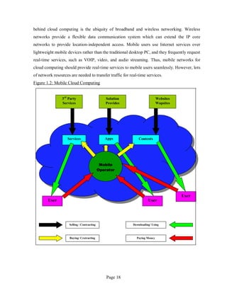 Page 18
behind cloud computing is the ubiquity of broadband and wireless networking. Wireless
networks provide a flexible data communication system which can extend the IP core
networks to provide location-independent access. Mobile users use Internet services over
lightweight mobile devices rather than the traditional desktop PC, and they frequently request
real-time services, such as VOIP, video, and audio streaming. Thus, mobile networks for
cloud computing should provide real-time services to mobile users seamlessly. However, lots
of network resources are needed to transfer traffic for real-time services.
Figure 1.2: Mobile Cloud Computing
Solution
Provides
3rd
Party
Services
Websites
Wapsites
Services ContentsApps
User
UserUser
Mobile
Operator
Selling / Contracting
Buying/ Crotracting
Downloading/ Using
Paying Money
 