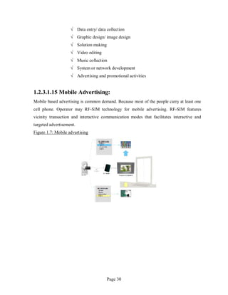 Page 30
√ Data entry/ data collection
√ Graphic design/ image design
√ Solution making
√ Video editing
√ Music collection
√ System or network development
√ Advertising and promotional activities
1.2.3.1.15 Mobile Advertising:
Mobile based advertising is common demand. Because most of the people carry at least one
cell phone. Operator may RF-SIM technology for mobile advertising. RF-SIM features
vicinity transaction and interactive communication modes that facilitates interactive and
targeted advertisement.
Figure 1.7: Mobile advertising
 