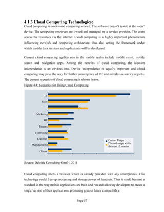 Page 57
IT
Sales
Service
Marketing
HR
Finance
Controlling
Logistics
Manufacturing
Others
Current Usage
Planned usage within
the next 12 months
4.1.3 Cloud Computing Technologies:
Cloud computing is on-demand computing service. The software doesn’t reside at the users’
device. The computing resources are owned and managed by a service provider. The users
access the resources via the internet. Cloud computing is a highly important phenomenon
influencing network and computing architecture, thus also setting the framework under
which mobile data services and applications will be developed.
Current cloud computing applications in the mobile realm include mobile email, mobile
search and navigation apps. Among the benefits of cloud computing, the location
independence is an obvious one. Device independence is equally important and cloud
computing may pave the way for further convergence of PC and mobiles as service regards.
The current scenarios of cloud computing is shown below:
Figure 4.4: Scenarios for Using Cloud Computing
Source: Deloitte Consulting GmbH, 2011
Cloud computing needs a browser which is already provided with any smartphones. This
technology could free-up processing and storage power of handsets. Thus it could become a
standard in the way mobile applications are built and run and allowing developers to create a
single version of their applications, promising greater future compatibility.
 