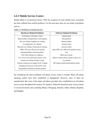 Page 60
4.2.3 Mobile Service Center:
Mobile phone is an electronic device. With the exception of some mobile users, everybody
has been suffered from mobile problems. For the most part, there are two kinds of problems
such as:
Table: 4.3 Problems of mobile devices
Hardware Related Problems Software Related Problems
LCD broken, LCD dark or white,
Rebon problem, Keypad doesn't work properly,
Mic not working, Earphone not working,
No ringing tone, No vibration
Bluetooth not working, Touch pad not working,
MMC, SD, micro SD card not working,
Charging problem, Network problem,
Echo while talking over cellphone,
Low voice on mic, Qwerty key doesn't work,
Camera not working, Handset is dead
Internet or data port not support on PC or laptop
Charging ok but power switch doesn't work
Hang problem (Hardware), Restart problem
Handset dead
Hang problem
Restart problem
Handset locket
Security locked
Nokia DM3, SL3, BB5 series handset country
lock
Black berry unlock,
i-phone 4 unlock (factory unlock or gravy sim
tray unlock)
HP Google android model handset unlock
By considering the above problems cell phone service center is needed. Many cell phone
repairing centers have been established in Bangladesh. However, most of them are
unauthorized. But some of the major cell phone providers have established own cell phone
service center throughout the country. For instance, Nokia has launched many service centers
in several divisional cities including Dhaka, Chittagong, Barishal, Sylhet, Khulna, Rajshahi,
and Rangpur.
 