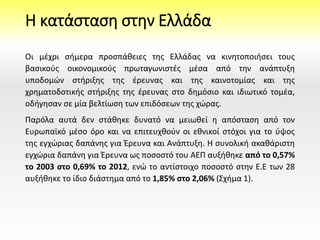 Η κατάσταση στην Ελλάδα
Οι μέχρι σήμερα προσπάθειες της Ελλάδας να κινητοποιήσει τους
βασικούς οικονομικούς πρωταγωνιστές μέσα από την ανάπτυξη
υποδομών στήριξης της έρευνας και της καινοτομίας και της
χρηματοδοτικής στήριξης της έρευνας στο δημόσιο και ιδιωτικό τομέα,
οδήγησαν σε μία βελτίωση των επιδόσεων της χώρας.
Παρόλα αυτά δεν στάθηκε δυνατό να μειωθεί η απόσταση από τον
Ευρωπαϊκό μέσο όρο και να επιτευχθούν οι εθνικοί στόχοι για το ύψος
της εγχώριας δαπάνης για Έρευνα και Ανάπτυξη. Η συνολική ακαθάριστη
εγχώρια δαπάνη για Έρευνα ως ποσοστό του ΑΕΠ αυξήθηκε από το 0,57%
το 2003 στο 0,69% το 2012, ενώ το αντίστοιχο ποσοστό στην Ε.Ε των 28
αυξήθηκε το ίδιο διάστημα από το 1,85% στο 2,06% (Σχήμα 1).
 