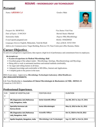 RESUME – MICROBIOLOGY LAB TECHNOLOGIST
Personal
Name: AJEESH C.J Gender: Male
Passport No: M1907015. Visa Status: Visit Visa
Date of Expiry: 31/08/2024 Marital Status: Married
Nationality: India Degree: MSc.Microbiology
E-mail:ajeesh.cj@gmail.com Mobile: 0544288928
Languages Known: English, Malayalam, Tamil & Hindi Date of Birth :03/02/1984
Address for Communication: Target Building, Rom no.310, Near Centre post office Karama, Dubai.
Career Objective
To serve in a progressive organization, that expects a high level of performance and commitment from its employees.
My strengths are:
• 8 years of experience in Medical Microbiology field.
• Excellent grasp of the subject matter - Microbiology, Serology, Mycobacteriology and Mycology.
• Being able to work in automated machines and manual methods comfortably.
• An eager and willing learner at all times.
• Adequate knowledge and comfortable in MS Office, Internet and Applications.
• A helpful guide to the juniors in the team.
DHA Exam status –Approved as Microbiology Technologist Laboratory Allied Healthcare.
(Ref :DHA/LS/2672016/626375)
Life Time Membership in Association of Clinical Microbiologist & Biochemists (ACMB) - 00294/L/12
( Issued on 21/01/2012 )
Professional Experience.
SI.N
o
NAME OF HOSPITAL/LAB POSITION HELD DURATION
1 SRL Diagnostics Ltd ( Reference
Lab), Bangalore, India
Senior Scientific Officer Jan 08, 2013 to Jun 15, 2016
2 Speciality Hormone Lab
Kannur,Kerala
Senior Microbiologist May 12, 2012 to Dec 31, 2012
3 SRL Diagnostics Ltd ( Reference
Lab), Bangalore, India
Scientific Officer Oct 15, 2010 to Feb 29, 2012
4 Apollo Hospitals, Bangalore, India Microbiology Lab Technologist Sep 12, 2007 to Feb 24, 2010
 