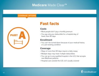Medicare Made Clear™
Costs
•  Most people don’t pay a monthly premium
•  You pay only your deductible for a hospital stay of
fewer than 60 days
Enrollment
•  You can’t be turned down because of your medical history
or a pre-existing condition
Coverage
•  Stays of more than 60 days require a daily copay
•  Multiple stays may mean multiple deductibles
•  You can go to any qualiﬁed hospital in the U.S. that accepts
new Medicare patients
•  Hospital care outside the U.S. isn’t usually covered
Fast facts
10
COVERAGE OPTIONS
 