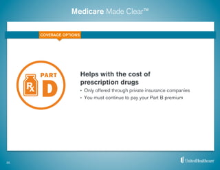 Medicare Made Clear™
Helps with the cost of
prescription drugs
•  Only offered through private insurance companies
•  You must continue to pay your Part B premium
20
COVERAGE OPTIONS
 