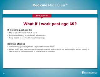 Medicare Made Clear™
What if I work past age 65?
34
If working past age 65
•  May enroll in Medicare Parts A and B
•  Recommend talking to your beneﬁt administrator
•  Keep records of your health insurance coverage
Retiring after 65
•  When retiring, you’re eligible for a Special Enrollment Period
•  Allows for 63 days after employer-sponsored coverage ends to enroll in a Medicare plan without penalty —
best to sign up before you retire to avoid a lapse in coverage
ENROLLMENT
 