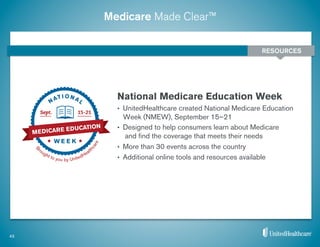 Medicare Made Clear™
National Medicare Education Week
•  UnitedHealthcare created National Medicare Education
Week (NMEW), September 15–21
•  Designed to help consumers learn about Medicare
and ﬁnd the coverage that meets their needs
•  More than 30 events across the country
•  Additional online tools and resources available
RESOURCES
43
 