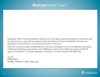 Medicare Made Clear™
Copyright ©2014 United HealthCare Services, Inc. All rights reserved. No portion of this work may
be reproduced or used without express written permission of United HealthCare Services, Inc.,
regardless of commercial or non-commercial nature of the use.
Plans are insured through UnitedHealthcare Insurance Company or one of its afﬁliated companies,
a Medicare Advantage organization with a Medicare contract and a Medicare-approved Part D
sponsor. Enrollment in the plan depends on the plan’s contract renewal with Medicare.
14_15
SPRJ20813
Y0066_140402_112351 Approved
46
 
