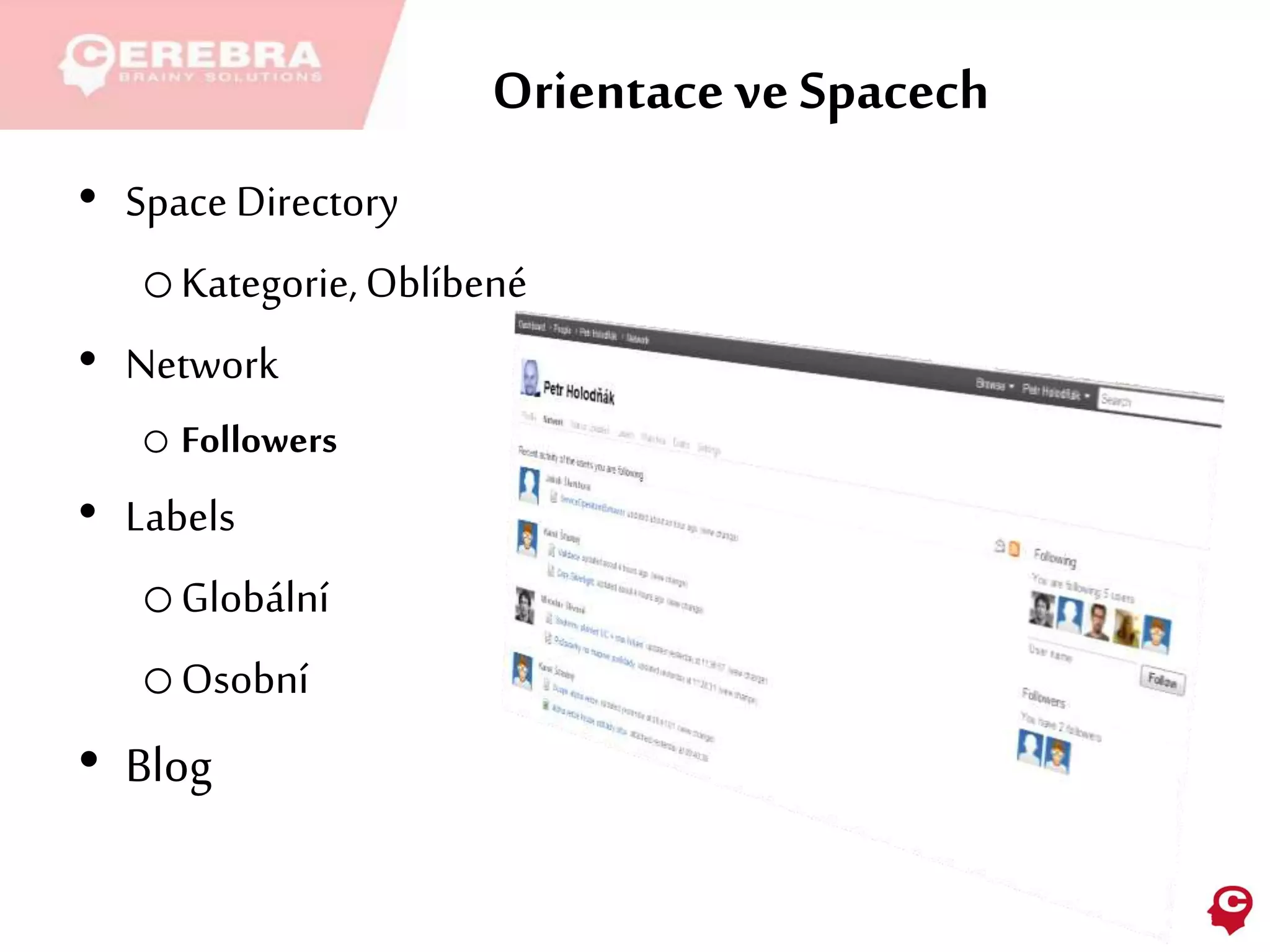 Orientace veSpacech
• Space Directory
oKategorie,Oblíbené
• Network
o Followers
• Labels
oGlobální
oOsobní
• Blog
 