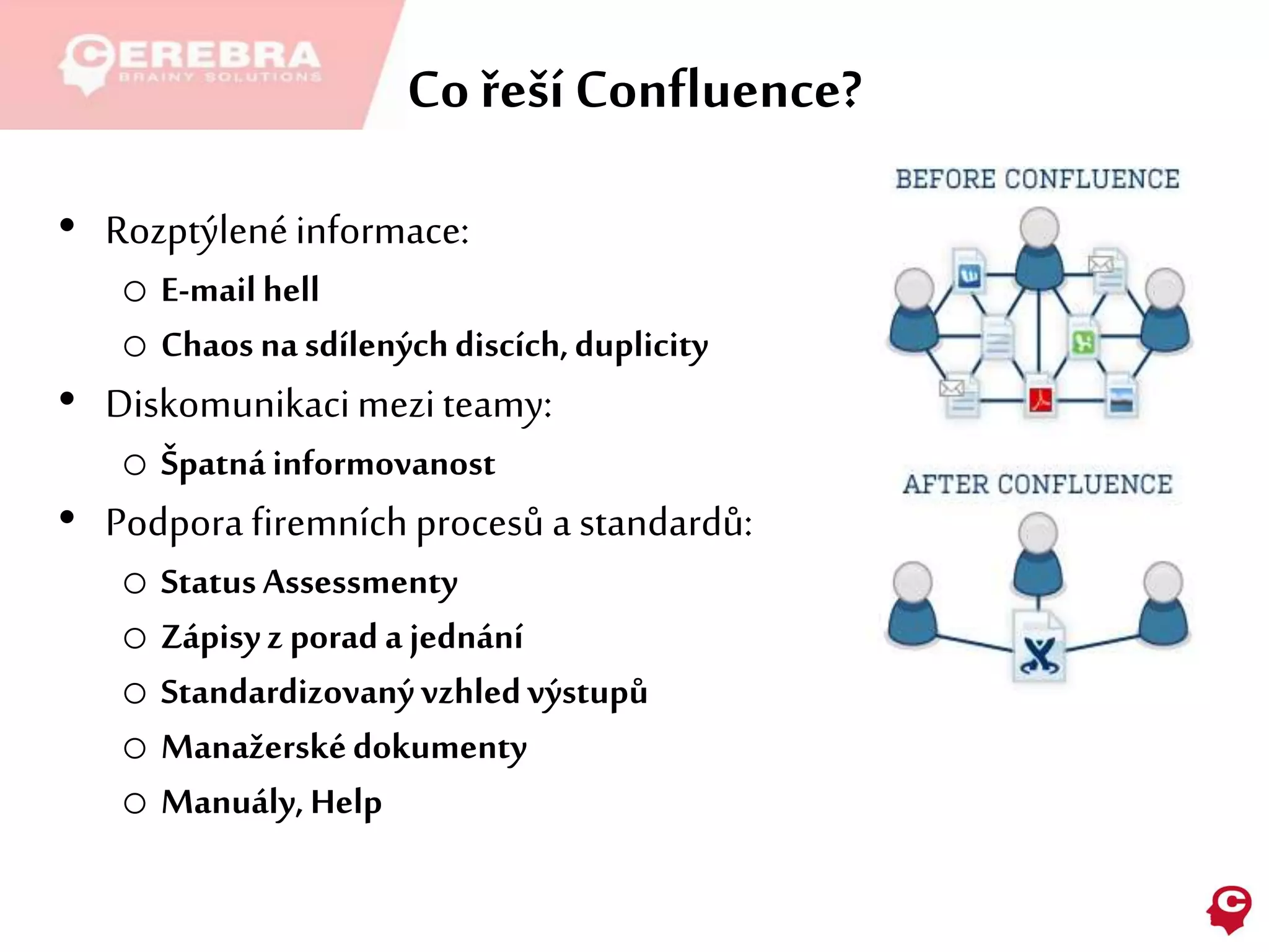 Co řeší Confluence?
• Rozptýlenéinformace:
o E-mailhell
o Chaos nasdílenýchdiscích,duplicity
• Diskomunikacimeziteamy:
o Špatnáinformovanost
• Podpora firemníchprocesů a standardů:
o StatusAssessmenty
o Zápisyz porad a jednání
o Standardizovanývzhledvýstupů
o Manažerskédokumenty
o Manuály,Help
 