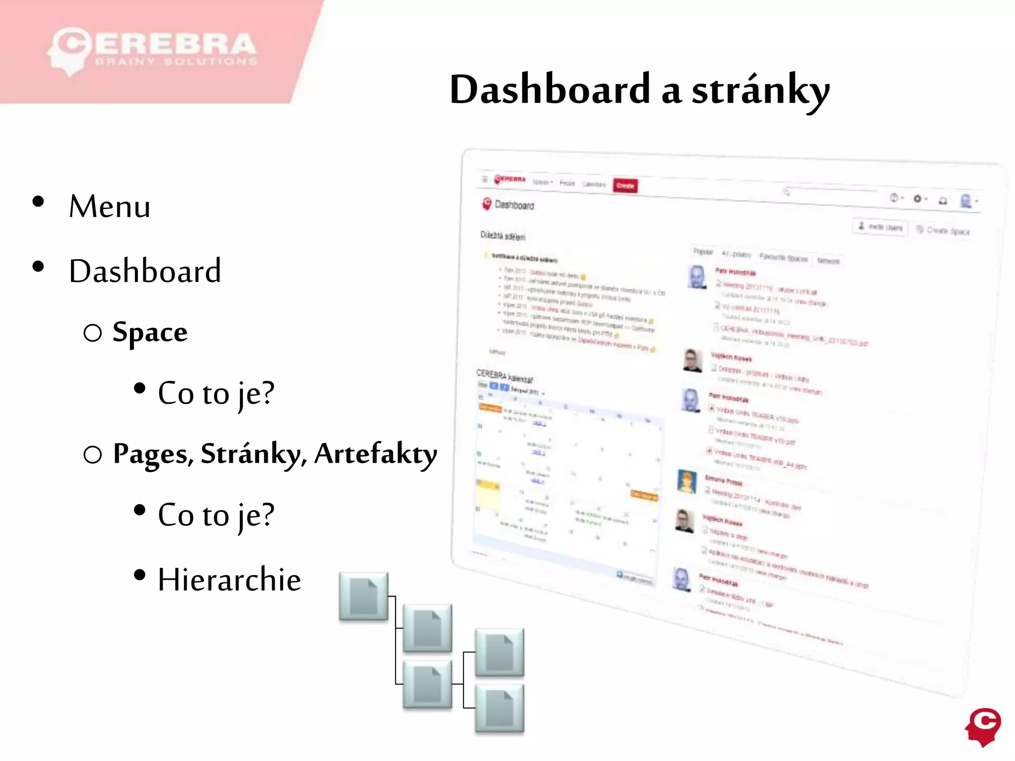Dashboard a stránky
• Menu
• Dashboard
o Space
• Co to je?
o Pages, Stránky, Artefakty
• Co to je?
• Hierarchie
 