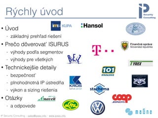 IP Security Consulting :: sales@ipsec.info :: www.ipsec.info
Rýchly úvod
• Úvod
- základný prehľad riešení
• Prečo dôverovať ISURUS
- výhody podľa segmentov
- výhody pre všetkých
• Technickejšie detaily
- bezpečnosť
- plnohodnotná IP ústredňa
- výkon a sizing riešenia
• Otázky
- a odpovede
 