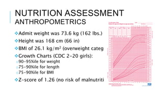 NUTRITION ASSESSMENT
ANTHROPOMETRICS
Admit weight was 73.6 kg (162 lbs.)
Height was 168 cm (66 in)
BMI of 26.1 kg/m2 (overweight category)
Growth Charts (CDC 2-20 girls):
o90-95%ile for weight
o75-90%ile for length
o75-90%ile for BMI
Z-score of 1.26 (no risk of malnutrition).
 