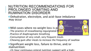 NUTRITION RECOMMENDATIONS FOR
PROLONGED VOMITING AND
RUMINATION DISORDER
Dehydration, electrolyte, and acid-base imbalance
may occur
Mild cases where no weight loss is present:
oThe practice of reswallowing regurgitated food
oPractice of diaphragmatic breathing
oConsumption of very small, very frequent meals
oChewing gum after meals to increase the frequency of swallow
Significant weight loss, failure to thrive, and/or
malnutrition:
o24-hour continuous enteral nutrition support with a high-
 