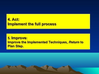4. Act:4. Act:
Implement the full processImplement the full process
5.5. ImproveImprove::
Improve the Implemented Techniques,Improve the Implemented Techniques, ReturnReturn toto
Plan Step.Plan Step.
 
