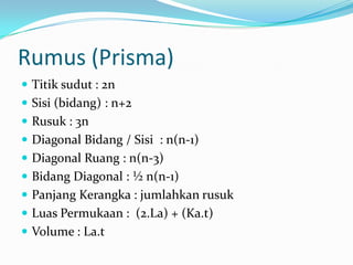 Rumus (Prisma)
 Titik sudut : 2n
 Sisi (bidang) : n+2
 Rusuk : 3n
 Diagonal Bidang / Sisi : n(n-1)
 Diagonal Ruang : n(n-3)
 Bidang Diagonal : ½ n(n-1)
 Panjang Kerangka : jumlahkan rusuk
 Luas Permukaan : (2.La) + (Ka.t)
 Volume : La.t
 