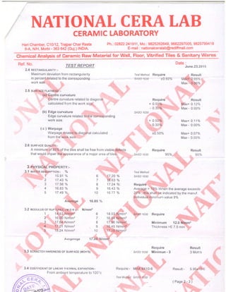 NATIONAL CERA LAB
CERAMIC LABORATORY
Hari Chamber, C10l12,Traipar Char Rasta
8-A, N/H, Morbi - 363 642 (Guj.) lNDlA.
Ph.: 02822 24191 1, Mo.: 9825262649, 9662297005, 982579941 8
E-mail : nationalceralab@rediffmail.com
Chemical Analysis of Ceramic Raw Material for !a!! Floor, Vitrified Tiles & Sanitary Wares
Ref. No. rEST REPORT
2.4 necraNGULARtrY:-
Maximum deviation from rectangularity
in percent:related to the corresponding
work size. '
''a:a .., - -:'t :..-
:,.: ..:!:
: :. .
2.5 sunrecE FLATNESS :- :
(a! Centre curvature
' Centre curvature related to diagonal
calculated from the work size-,.,. ::. j: .
:
(b) Edge curvature
Edge curvature related tothe corresponding
work size.
( c ) Warpage
Warpage related to diagonal calculated
from the work size.
''
2.6 sunrncE euAt-try:- '
A minimum of 95o/o of the tiles shall be free from visible defects
that would impair the appearance of a major area of 11;"5."'':i,.i',,''.'... ,
''ll ' ;.t l1::;
Date :
June.23.2O15
Test Method Require ,; Result
sA-co 7030 rc.sc% F,1#+_i0.05%:
Max -'0,06% , '
.:,'..
:::
:: ::
3 PuYsrC*i pnbpERry:-
3.1 wnrgn RedonprroN,- %
1 15.91 %
3 17.56 %
4 16.83 %
5 17.49 o/o
,:,;:
'l'1.-,.:l'i'i
:, .. '. i'i:' ':.:
'' ii' ,ji'. . .:.-.::.
6 '".17.20 o/o
7 1,5.63 %
8 17.24 %'
9 16.43 %
10 16.77 o/o
.:.' .. |:,
: :,::' Require ,,,:
SASO 7030 95%,,,:.,r,.i
Test Method
SASO 7030 "':'
Require
SASO 7030 Minimun - 3
"':, Rgsult
i::,. *lfax+ 0.12%
::,,,iir Max - 0.00%
Max+ 0.11o/o
Max - 0.00%
Max+ 0.07o/o
Max - 0.00%
Result
9s%
Result
3 Moh's
Require
+ 0.50%,,,,.., ,.
- 0.30%
SASO 1030 ,..::,,.
'"'.-,..
, :,:r,1;;1i:::::, :,::-..!.:
. + 0.50%
,"', , 1t, 0'300,,6'
,j,._a:..:::1. .
l :;r .:, :
- ::: it,::;:.:r:-
, .r 10.50%
,,,,.,,:a, '
::l
.:.
' ll:l:::. ,:;:ii.::..
. :..": :
1:'
Kequtre . ,:':,.:.; ;rl - i
Average > 1Q:% When the average exceeds
20Vo, this shall be indicated by the manuf. ',.il.i':i
3.2 rvrooulus oF nuprunee ( * o * ili-
1 14"93 .Nirr ,
,,,;:,,,1.,, 1 6:b0 N/mm,
,,, . 3 :,,',,.,.17.G4,,N/mm2
4 17.01 N/mm2
5 18.24 Nlmm2
' :!::r '
' .:;::1:l':
''.,:,,.r.,:: Avegerege 17.08:,N/mri|1
'
"'tt''
,:.
t. - ' '.,': . .at: ..-:,aa:.
3.3 scRncTcH HARDNESS oF suRFAcE (MoH'gi"';+.,.
: , ,i::,,
"i'
3.4 coernclENT oF LTNEAR THERMAL EXpANTtoN:-
..,. 16.85 %
.:t,
N/mm2
From ambient temperature to 100"c
,lndividuat,nninimum value g%
,:tlit:,: . iiii;;;t:
i:;l;i:i't;i] r:rij:r.
,l: i':,;,i:':. . r.:::.
, . ...,: .: .j r.
6
7
B
I
10
,''
Require ,+,:,*,i,,r,i,r,,,,,,.,,,
"'111,,,,,,
. . ,ji-.:. :i,.:r::.::''i: j. : ,
i:.i. :'r"J' i'.t ;
Minimum 12.0 Nftnm'
Thickn ess >E 7 .5 mm'"1ii::='
Require:-
Test Metttad
..::.._: ...-..-.. .
"n' li:n i:i .
. ..rnir !!! !.
' I iltat ;'
. '.'ri,l,:l
Ms#$X10-6 '
: ,L. I:,:1,rr: . .l
:,,,. ::,''; ::':::''- .'
ltii: r: :, alil::
:l:.''
SAgQr.1939 ";,'''
'.,. . l
 