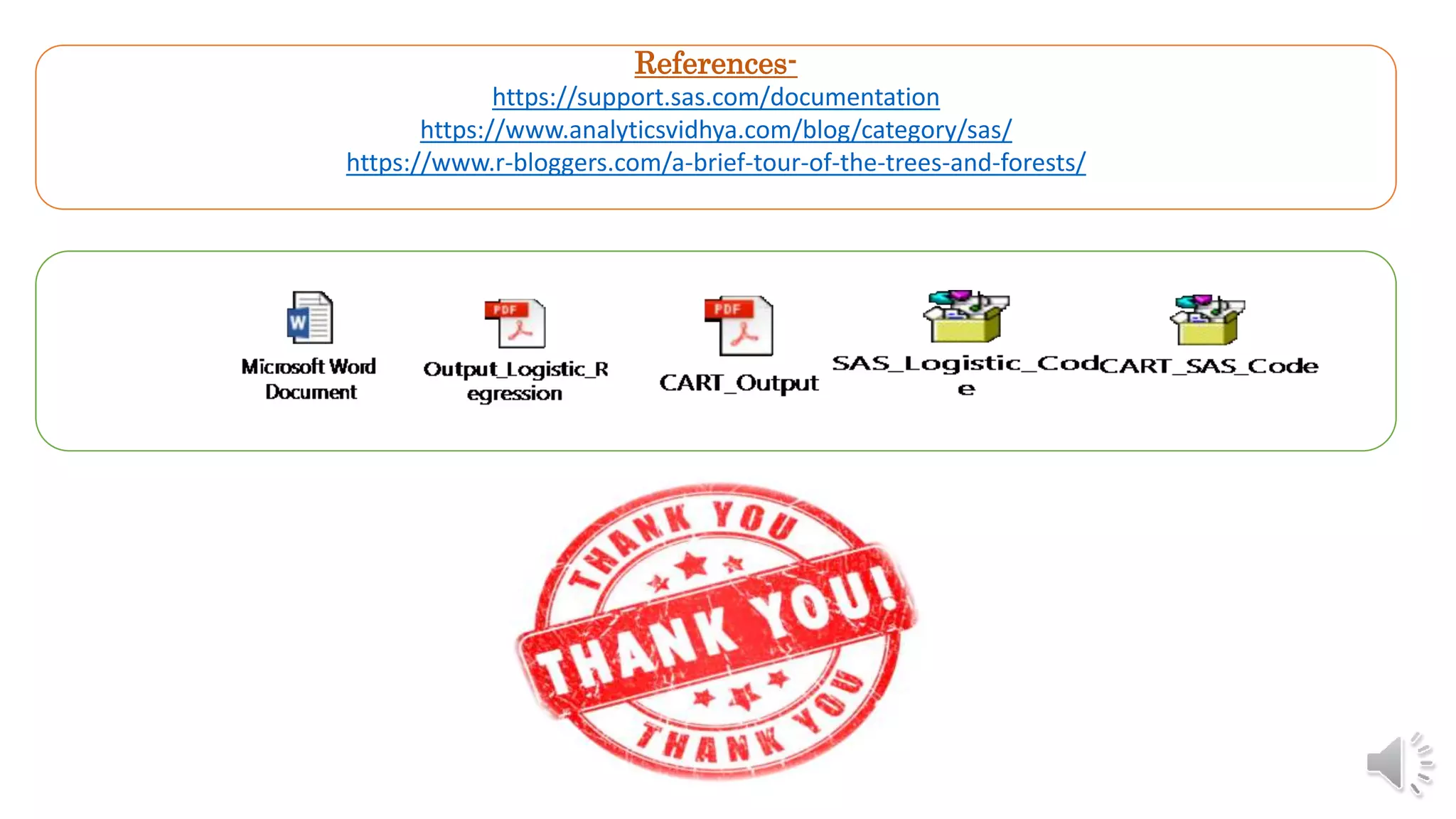 References-
https://support.sas.com/documentation
https://www.analyticsvidhya.com/blog/category/sas/
https://www.r-bloggers.com/a-brief-tour-of-the-trees-and-forests/
 