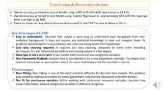 Conclusion & Recommendation
 Overall accuracy achieved in case of Model using CART is 95.55% with Type II error is 23.81%.
 Overall accuracy achieved in case Model using Logistic Regression is approximately 87% with the type two
error is as high as 80.80%.
 Based on these two Key observation we recommend to Use CART in case of telecom Churn.
Key Advantages of CART:
 Easy to Understand: Decision tree output is very easy to understand even for people from non-
analytical background. It does not require any statistical knowledge to read and interpret them. Its
graphical representation is very intuitive and users can easily relate their hypothesis.
 Less data cleaning required: It requires less data cleaning compared to some other modeling
techniques. It is not influenced by outliers and missing values to a fair degree
 Data type is not a constraint: It can handle both numerical and categorical variables.
 Non Parametric Method: Decision tree is considered to be a non-parametric method. This means that
decision trees have no assumptions about the space distribution and the classifier structure.
Disadvantages
 Over fitting: Over fitting is one of the most practical difficulty for decision tree models. This problem
gets solved by setting constraints on model parameters and pruning (discussed in detailed below).
 Not fit for continuous variables: While working with continuous numerical variables, decision tree
looses information when it categorizes variables in different categories.
 