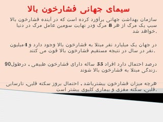 ‫سیمای جهانی فشارخون بال‬
‫سازمان بهداشت جهانی برآورد کرده است که در آینده فشارخون بال‬
‫سبب یک مرگ از هر 8 مرگ ودر نهایت سومین عامل مرگ در دنیا‬
‫.خواهد شد‬
‫در جهان یک میلیارد نفر مبتل به فشارخون بال وجود دارد و 4 میلیون‬
‫. نفر در سال در نتیجه مستقیم فشارخون بال فوت می کنند‬
‫درصد احتمال دارد افراد 55 ساله دارای فشارخون طبیعی , درطول 09‬
‫. زندگی مبتل به فشارخون بال شوند‬
‫هرچه میزان فشارخون بیشترباشد , احتمال بروز سکته قلبی, نارسایی‬
‫. قلبی, سکته مغزی و بیماری کلیوی بیشتر است‬

 