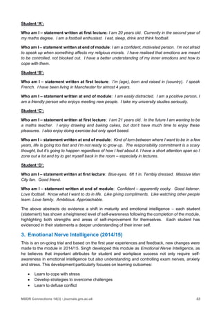 53MSOR Connections 14(3) - journals.gre.ac.uk
Student ‘A’:
Who am I – statement written at first lecture: I am 20 years old. Currently in the second year of
my maths degree. I am a football enthusiast. I eat, sleep, drink and think football.
Who am I – statement written at end of module: I am a confident, motivated person. I’m not afraid
to speak up when something affects my religious morals. I have realised that emotions are meant
to be controlled, not blocked out. I have a better understanding of my inner emotions and how to
cope with them.
Student ‘B’:
Who am I – statement written at first lecture: I’m (age), born and raised in (country). I speak
French. I have been living in Manchester for almost 4 years.
Who am I – statement written at end of module: I am easily distracted. I am a positive person, I
am a friendly person who enjoys meeting new people. I take my university studies seriously.
Student ‘C’:
Who am I – statement written at first lecture: I am 21 years old. In the future I am wanting to be
a maths teacher. I enjoy drawing and baking cakes, but don’t have much time to enjoy these
pleasures. I also enjoy doing exercise but only sport based.
Who am I – statement written at end of module: Kind of torn between where I want to be in a few
years, life is going too fast and I’m not ready to grow up. The responsibility commitment is a scary
thought, but it’s going to happen regardless of how I feel about it. I have a short attention span so I
zone out a lot and try to get myself back in the room – especially in lectures.
Student ‘D’:
Who am I – statement written at first lecture: Blue eyes. 6ft 1 in. Terribly dressed. Massive Man
City fan. Good friend.
Who am I – statement written at end of module: Confident – apparently cocky. Good listener.
Love football. Know what I want to do in life. Like giving compliments. Like watching other people
learn. Love family. Ambitious. Approachable.
The above abstracts do evidence a shift in maturity and emotional intelligence – each student
(statement) has shown a heightened level of self-awareness following the completion of the module,
highlighting both strengths and areas of self-improvement for themselves. Each student has
evidenced in their statements a deeper understanding of their inner self.
3. Emotional Nerve Intelligence (2014/15)
This is an on-going trial and based on the first year experiences and feedback, new changes were
made to the module in 2014/15. Singh developed this module as Emotional Nerve Intelligence, as
he believes that important attributes for student and workplace success not only require self-
awareness in emotional intelligence but also understanding and controlling exam nerves, anxiety
and stress. This development particularly focuses on learning outcomes:
 Learn to cope with stress
 Develop strategies to overcome challenges
 Learn to defuse conflict
 