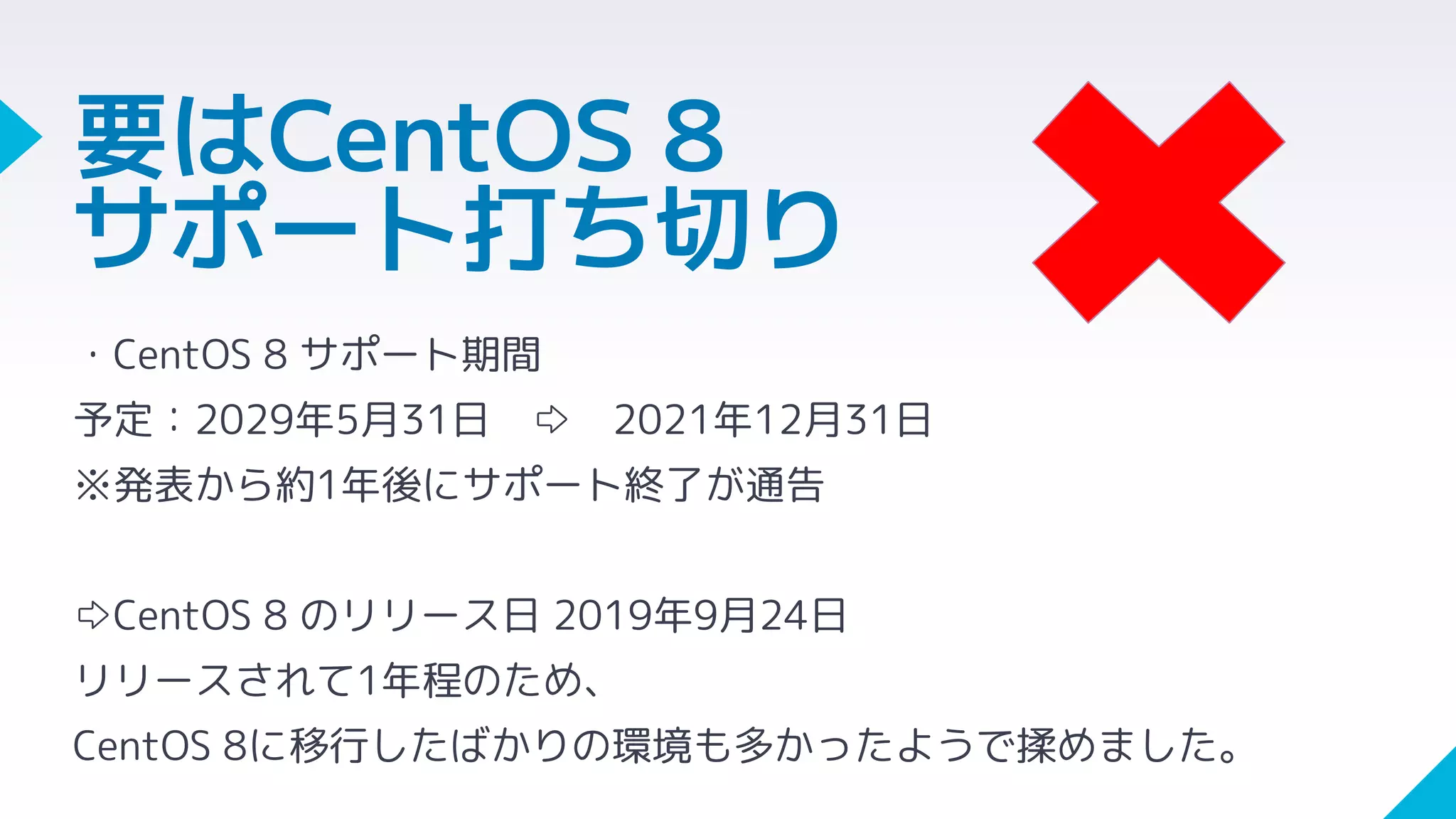 要はCentOS 8
サポート打ち切り
・CentOS 8 サポート期間
予定：2029年5月31日 ⇨ 2021年12月31日
※発表から約1年後にサポート終了が通告
⇨CentOS 8 のリリース日 2019年9月24日
リリースされて1年程のため、
CentOS 8に移行したばかりの環境も多かったようで揉めました。
 