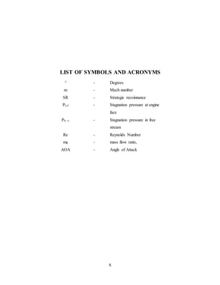 x
LIST OF SYMBOLS AND ACRONYMS
° - Degrees
m - Mach number
SR - Strategic recoinnance
Po,f - Stagnation pressure at engine
face
P0, ∞ - Stagnation pressure in free
stream
Re - Reynolds Number
mR - mass flow ratio,
AOA - Angle of Attack
 