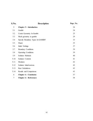 vi
S.No. Description Page. No.
5 Chapter 5 – Introduction 24
5.1 Gambit 24
5.2 Create Geometry In Gambit 25
5.3 Mesh geometry in gambit 29
5.4 Specify Boundary Types In GAMBIT 33
5.5 Fluent 35
5.6 Initial Settings 37
5.7 Boundary Conditions 39
5.8 Operating Conditions 39
5.9 Solution Methods 40
5.10 Solution Controls 41
5.11 Monitors 42
5.12 Solution Initializations 42
5.13 Run Calculations 43
5.14 Results and Comparisons 43
6 Chapter 6 – Conclusion 57
7 Chapter 6 – References 58
 