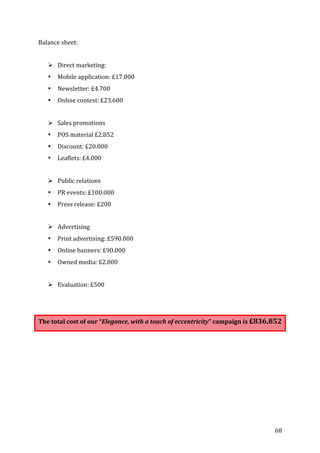   68	
  
Balance	
  sheet:	
  
	
  
" Direct	
  marketing:	
  
• Mobile	
  application:	
  £17.000	
  
• Newsletter:	
  £4.700	
  
• Online	
  contest:	
  £23.600	
  
	
  
" Sales	
  promotions	
  
• POS	
  material	
  £2.852	
  
• Discount:	
  £20.000	
  
• Leaflets:	
  £4.000	
  
	
  
" Public	
  relations	
  
• PR	
  events:	
  £100.000	
  
• Press	
  release:	
  £200	
  
	
  
" Advertising	
  
• Print	
  advertising:	
  £590.000	
  
• Online	
  banners:	
  £90.000	
  
• Owned	
  media:	
  £2.000	
  
	
  
" Evaluation:	
  £500	
  
	
  
	
  
The	
  total	
  cost	
  of	
  our	
  “Elegance,	
  with	
  a	
  touch	
  of	
  eccentricity”	
  campaign	
  is	
  £836.852	
  
	
  
	
  
	
  
	
  
	
  
	
  
	
  
	
   	
  
 