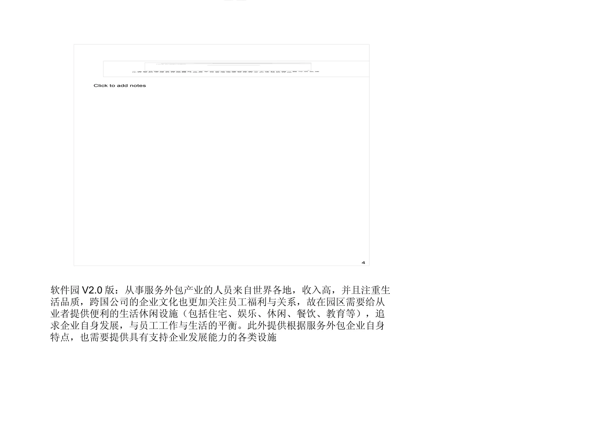软件园 V2.0 版：从事服务外包产业的人员来自世界各地，收入高，并且注重生活品质，跨国公司的企业文化也更加关注员工福利与关系，故在园区需要给从业者提供便利的生活休闲设施（包括住宅、娱乐、休闲、餐饮、教育等），追求企业自身发展，与员工工作与生活的平衡。此外提供根据服务外包企业自身特点，也需要提供具有支持企业发展能力的各类设施 