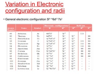 Variation in Electronic
configuration and radii
• General electronic configuration 5f1-14
6d0-1
7s2
 