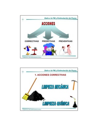 DaDañño a la FM y Estimulacio a la FM y Estimulacióón de Pozosn de Pozos
CompletaciCompletacióón y Reacondicionamiento de Pozosn y Reacondicionamiento de Pozos
CORRECTIVAS PREDICTIVAS PREVENTIVAS
DaDañño a la FM y Estimulacio a la FM y Estimulacióón de Pozosn de Pozos
CompletaciCompletacióón y Reacondicionamiento de Pozosn y Reacondicionamiento de Pozos
1. ACCIONES CORRECTIVAS
 