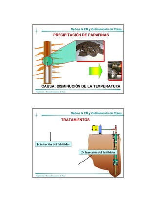 DaDañño a la FM y Estimulacio a la FM y Estimulacióón de Pozosn de Pozos
CompletaciCompletacióón y Reacondicionamiento de Pozosn y Reacondicionamiento de Pozos
PRECIPITACIÓN DE PARAFINAS
CAUSA: DISMINUCICAUSA: DISMINUCIÓÓN DE LA TEMPERATURAN DE LA TEMPERATURA
DaDañño a la FM y Estimulacio a la FM y Estimulacióón de Pozosn de Pozos
CompletaciCompletacióón y Reacondicionamiento de Pozosn y Reacondicionamiento de Pozos
1- Selección del Inhibidor
2- Inyección del Inhibidor
TRATAMIENTOS
 