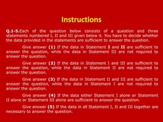 Q.1-5.Each of the question below consists of a question and three
statements numbered I, II and III given below it. You have to decide whether
the data provided in the statements are sufficient to answer the question.
Give answer (1) If the data in Statement I and II are sufficient to
answer the question, while the data in Statement III are not required to
answer the question.
Give answer (2) If the data in Statement I and III are sufficient to
answer the question, while the data in Statement II are not required to
answer the question.
Give answer (3) If the data in Statement II and III are sufficient to
answer the question, while the data in Statement I are not required to
answer the question.
Give answer (4) If the data either Statement I alone or Statement
II alone or Statement III alone are sufficient to answer the question.
Give answer (5) If the data in all Statement I, II and III together are
necessary to answer the question.
CWE PO 17-06-2012
 