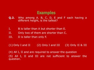 Q.2. Who among A. B, C, D, E and F each having a
different height, is the tallest?
I. B is taller than A but shorter than E.
II. Only two of them are shorter than C.
III. D is taller than only F.
(1) Only I and II (2) Only I and III (3) Only II & III
(4) All I, II and are required to answer the question
(5) All I, II and III are not sufficient to answer the
question.
 