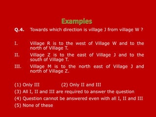 Q.4. Towards which direction is village J from village W ?
I. Village R is to the west of Village W and to the
north of Village T.
II. Village Z is to the east of Village J and to the
south of Village T.
III. Village M is to the north east of Village J and
north of Village Z.
(1) Only III (2) Only II and III
(3) All I, II and III are required to answer the question
(4) Question cannot be answered even with all I, II and III
(5) None of these
 