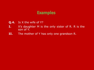 Q.4. Is X the wife of Y?
I. X’s daughter M is the only sister of R. R is the
son of Y.
II. The mother of Y has only one grandson R.
 