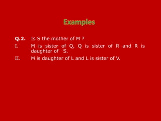 Q.2. Is S the mother of M ?
I. M is sister of Q, Q is sister of R and R is
daughter of S.
II. M is daughter of L and L is sister of V.
 