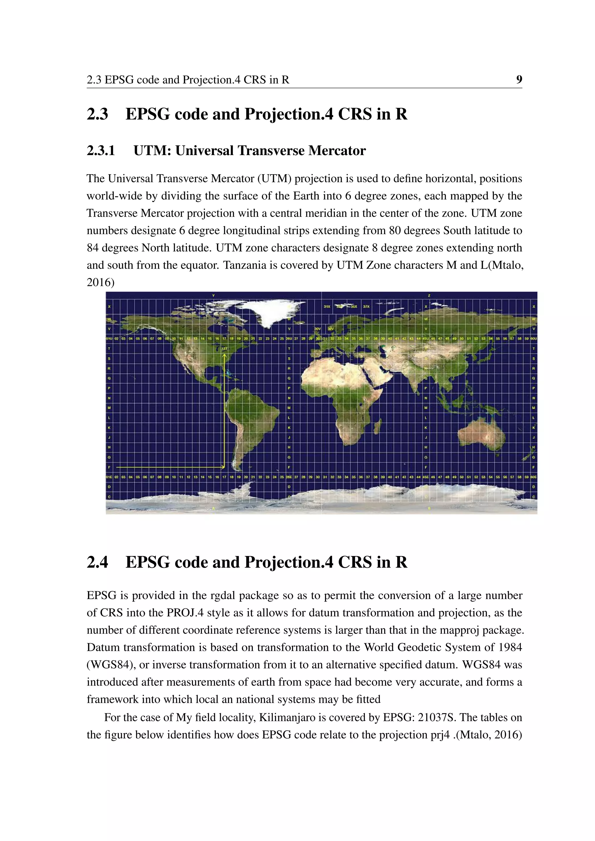 2.3 EPSG code and Projection.4 CRS in R 9 2.3 EPSG code and Projection.4 CRS in R 2.3.1 UTM: Universal Transverse Mercator The Universal Transverse Mercator (UTM) projection is used to define horizontal, positions world-wide by dividing the surface of the Earth into 6 degree zones, each mapped by the Transverse Mercator projection with a central meridian in the center of the zone. UTM zone numbers designate 6 degree longitudinal strips extending from 80 degrees South latitude to 84 degrees North latitude. UTM zone characters designate 8 degree zones extending north and south from the equator. Tanzania is covered by UTM Zone characters M and L(Mtalo, 2016) 2.4 EPSG code and Projection.4 CRS in R EPSG is provided in the rgdal package so as to permit the conversion of a large number of CRS into the PROJ.4 style as it allows for datum transformation and projection, as the number of different coordinate reference systems is larger than that in the mapproj package. Datum transformation is based on transformation to the World Geodetic System of 1984 (WGS84), or inverse transformation from it to an alternative specified datum. WGS84 was introduced after measurements of earth from space had become very accurate, and forms a framework into which local an national systems may be fitted For the case of My field locality, Kilimanjaro is covered by EPSG: 21037S. The tables on the figure below identifies how does EPSG code relate to the projection prj4 .(Mtalo, 2016) 