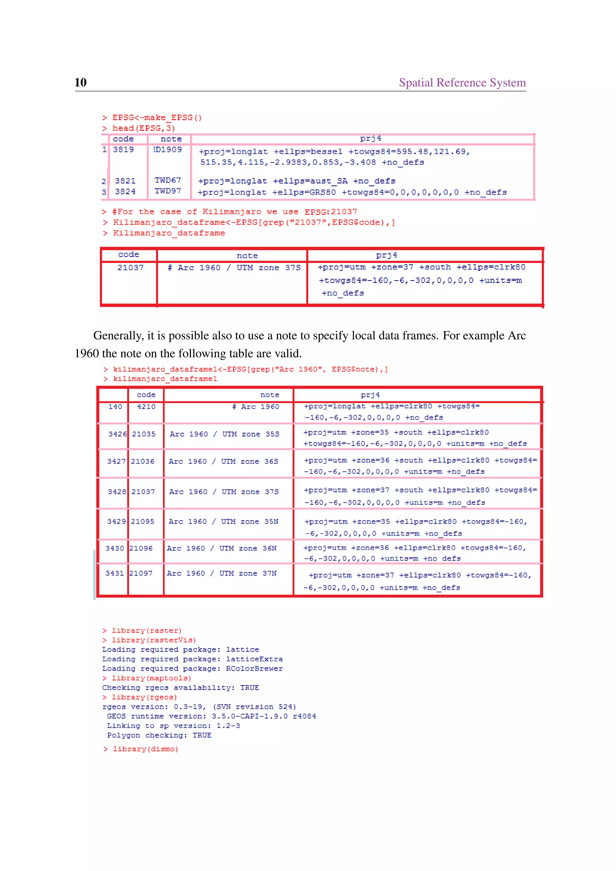 10 Spatial Reference System Generally, it is possible also to use a note to specify local data frames. For example Arc 1960 the note on the following table are valid. 