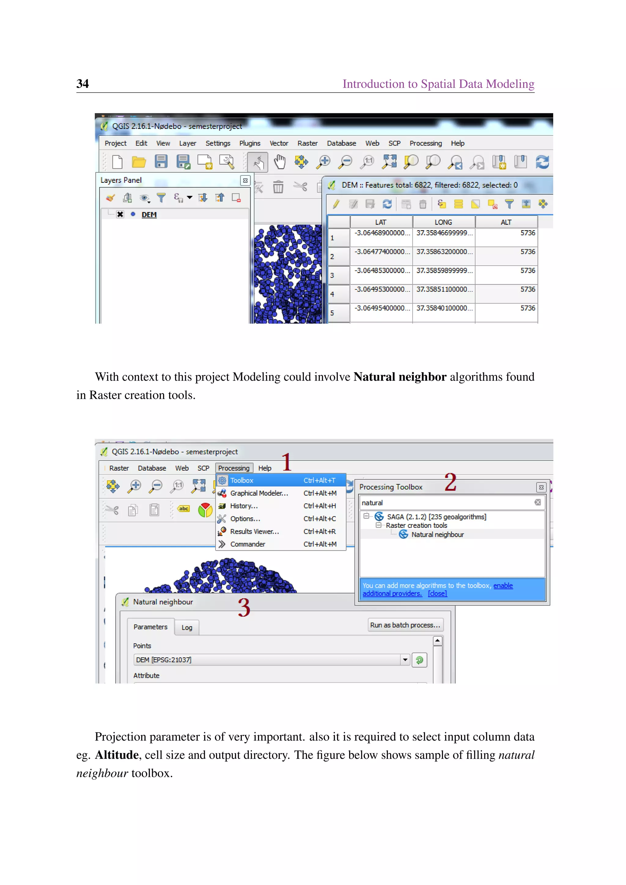 34 Introduction to Spatial Data Modeling With context to this project Modeling could involve Natural neighbor algorithms found in Raster creation tools. Projection parameter is of very important. also it is required to select input column data eg. Altitude, cell size and output directory. The figure below shows sample of filling natural neighbour toolbox. 