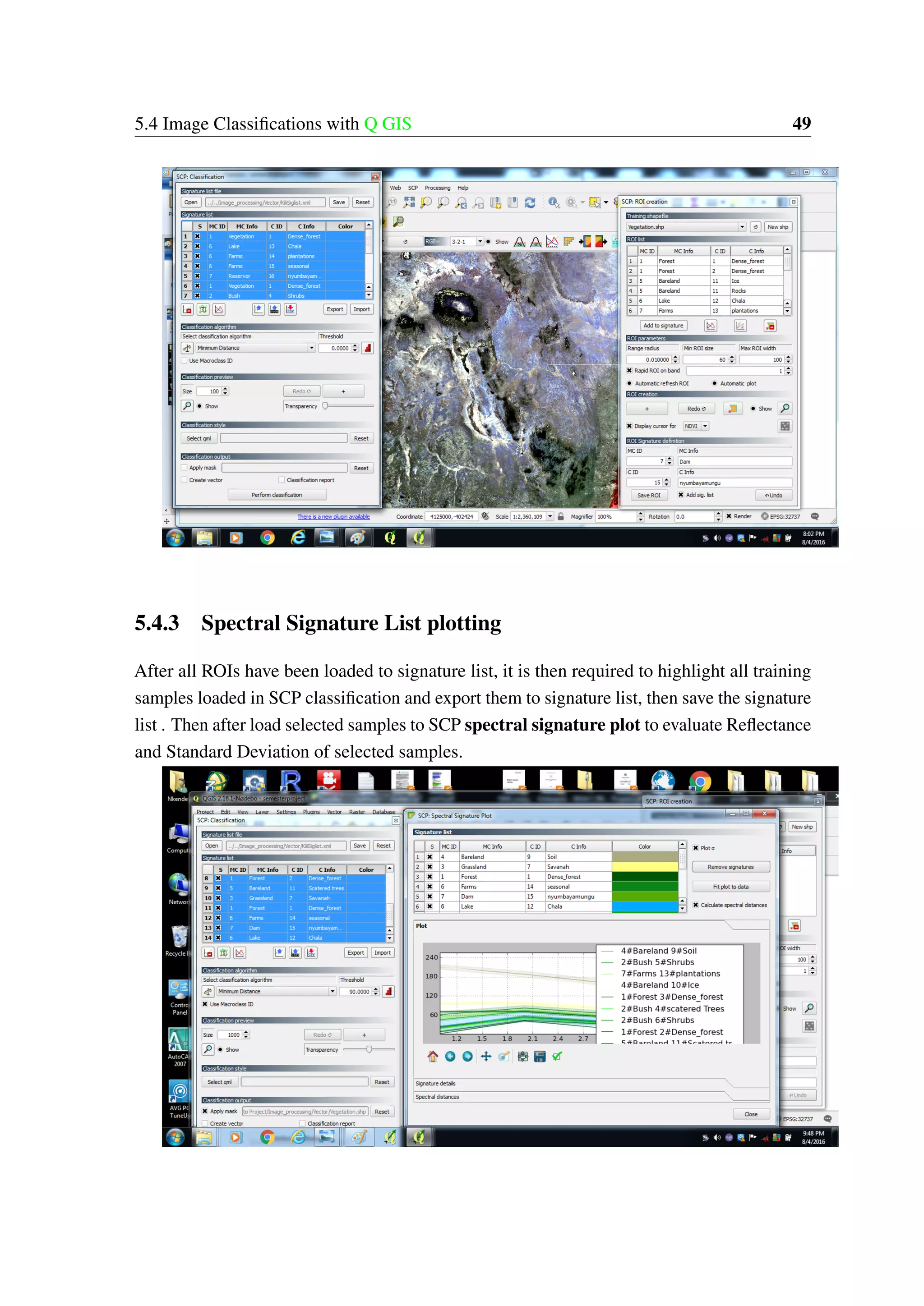 5.4 Image Classifications with Q GIS 49 5.4.3 Spectral Signature List plotting After all ROIs have been loaded to signature list, it is then required to highlight all training samples loaded in SCP classification and export them to signature list, then save the signature list . Then after load selected samples to SCP spectral signature plot to evaluate Reflectance and Standard Deviation of selected samples. 