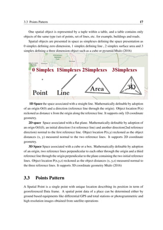 3.3 Points Pattern 17
One spatial object is represented by a tuple within a table, and a table contains only
objects of the same type (set of points, set of lines, etc. for example, buildings and roads.
Spatial objects are presented in space as simplexes defining the space presentation as
0 simplex defining zero dimension, 1 simplex defining line , 2 simplex surface area and 3
simplex defining a three dimension object such as a cube or pyramid.Mtalo (2016)
1D Space the space associated with a straight line. Mathematically definable by adoption
of an origin O(0) and a direction (reference line through the origin). Object location P(x)
reckoned as distance x from the origin along the reference line. It supports only 1D coordinate
geometry.
2D space Space associated with a flat plane. Mathematically definable by adoption of
an orign O(0,0), an initial direction (1st reference line) and another direction(2nd reference
direction) normal to the first reference line. Object location P(x,y) reckoned as the object
distances (x, y) measured normal to the two reference lines. It supports 2D coordinate
geometry.
3D Space Space associated with a cube or a box. Mathematically definable by adoption
of an origin, two reference lines perpendicular to each other through the origin and a third
reference line through the origin perpendicular to the plane containing the two initial reference
lines. Object location P(x,y,z) reckoned as the object distances (x, y,z) measured normal to
the three reference lines. It supports 3D coordinate geometry Mtalo (2016)
3.3 Points Pattern
A Spatial Point is a single point with unique location describing its position in term of
georeferenced Data frame. A spatial point data of a place can be determined either by
ground based equipments like differential GPS and total stations or photogrammetric and
high resolution images obtained from satellite operations
 