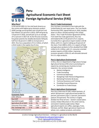 U.S.D.A. Foreign Agricultural Services – Linking U.S. agriculture to the World
http://www.fas.usda.gov/regions/peru
Email: AgLima@FAS.USDA.gov
Tel: (+51-1) 618-2491 or (+51-1) 434-3042
Peru
Agricultural Economic Fact Sheet
Foreign Agricultural Service (FAS)
Why Peru?
In the period 2003-13, Peru led South America as
the country with highest gross domestic product
(GDP) average annual growth over 6.0 percent and
low inflation (3.6 percent in 2015). GDP will grow by
3.9 percent in 2016, and will pick up to an average
of 4.2 percent in 2017-20. As the Peruvian economy
has grown poverty has steadily decreased, falling by
half from 56 percent in 2005 to 21.8 percent in
2015. Peru has a population of 31.2 million, of which
a third reside in the capital city of Lima.
Economic Facts
*World Bank and Economist
Peru’s Trade Environment
Peru has been committed to free trade with the
United States for over seven years. The Tran-Pacific
Partnership (TPP), signed February 4, 2016, doubles
down on what is already working in the United
States – Peru Trade Promotion Agreement (PTPA).
From both free trade agreements, Peru has
eliminated tariffs on 95 percent of U.S. exports.
Currently Peru’s agriculture import market is $4.58
billion, with U.S. imports making up 25 percent of
the share. From 2009 to 2015, U.S. exports of food
and agriculture products to Peru doubled from $568
million to $1.1 billion, with U.S. consumer-oriented
product exports at $226 million. Improving
economic growth in 2016-19, will stimulate demand
for U.S. origin products.
Peru’s Agriculture Environment
In Peru, the U.S. Department of Agriculture Foreign
Agricultural Services (FAS Lima) is promoting U.S.
exports by connecting your business to local
importers. Our services include:
 Market Intelligence
 Trade Counseling
 Commercial Diplomacy
 Navigating Trade Policies & Regulations
 Marketing Promotion & Access
 Technical Assistance and Training
 Providing Financial Resources
 Connection to Trade Groups
Peru’s Agriculture Environment
Peru has a total area of 128.5 million hectares, of
which 18.8 percent is agricultural land (arable 3.1
percent, permanent crops 1.1 percent, permanent
pasture 14.6 percent). The country is roughly
divided into three terrains – western coastal plains
(costa), Andean Mountains in the center (sierra),
and eastern lowland jungle (selva). Major
agricultural exports are coffee, asparagus, fruits,
fishmeal, and fish. Major agricultural imports are
wheat, corn, soybean products, and cotton.
(US$ billions) 2013 2014 2015
Real GDP $202.1 $202.9 $192.1
Real GDP Growth 5.8% 2.4% 3.3%
Agriculture (% of GDP) 3.1% 7% 7.8%
Consumer Price Index 2.8% 3.2% 3.6%
Ave. exchange rate 2.70 2.84 3.19
 