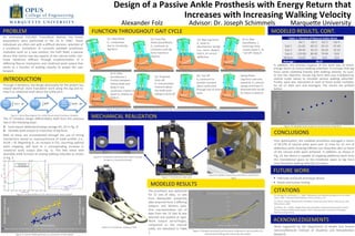 Design	
  of	
  a	
  Passive	
  Ankle	
  Prosthesis	
  with	
  Energy	
  Return	
  that	
  
Increases	
  with	
  Increasing	
  Walking	
  Velocity	
  
Alexander	
  Folz 	
  Advisor:	
  Dr.	
  Joseph	
  Schimmels 	
  Marque<e	
  University	
  
PROBLEM	
  
An	
   esFmated	
   159,000	
   TransFbial	
   (below	
   the	
   knee)	
  
amputaFons	
   were	
   performed	
   in	
   the	
   US	
   in	
   19961.	
   These	
  
individuals	
  are	
  oTen	
  met	
  with	
  a	
  diﬃcult	
  decision:	
  selecFon	
  of	
  
a	
   prosthesis.	
   LimitaFons	
   of	
   currently	
   available	
   prostheses	
  
moFvates	
  work	
  on	
  a	
  new	
  soluFon,	
  the	
  EaSY	
  Walk,	
  a	
  passive	
  
device	
  that	
  mimics	
  two	
  key	
  aspects	
  of	
  the	
  natural	
  ankle:	
  non-­‐
linear	
   rotaFonal	
   sFﬀness	
   through	
   implementaFon	
   of	
   a	
  
sFﬀening	
  ﬂexure	
  mechanism	
  and	
  rotaFonal	
  work	
  output	
  that	
  
varies	
   as	
   a	
   funcFon	
   of	
   walking	
   velocity	
   to	
   propel	
   the	
   user	
  
forward.	
  
	
  
INTRODUCTION	
  
MECHANICAL	
  REALIZATION	
  
§  Fabricate	
  and	
  build	
  prototype	
  device	
  
§  Robot	
  and	
  human	
  tesFng	
  
Figure	
  2:	
  Ankle	
  proﬁles	
  as	
  a	
  funcFon	
  of	
  Fme,	
  stance	
  phase2	
  
FUTURE	
  WORK	
  
CITATIONS	
  
CONCLUSIONS	
  
Post	
  opFmizaFon,	
  the	
  modeled	
  prosthesis	
  averaged	
  a	
  return	
  
of	
  58.57%	
  of	
  natural	
  ankle	
  work	
  over	
  12	
  trials	
  for	
  15	
  mm	
  of	
  
deﬂecFon	
  while	
  showing	
  sFﬀness	
  non-­‐lineariFes	
  akin	
  to	
  those	
  
of	
  the	
  natural	
  ankle	
  were	
  achieved.	
  In	
  addiFon,	
  as	
  shown	
  in	
  
Fig.	
  10,	
  the	
  device	
  is	
  capable	
  of	
  mapping	
  addiFonal	
  work	
  from	
  
the	
   translaFonal	
   space	
   to	
   the	
   rotaFonal	
   space	
   as	
   leg	
   force	
  
(and	
  therefore	
  walking	
  velocity)	
  increases.	
  
	
  
FUNCTION	
  THROUGHOUT	
  GAIT	
  CYCLE	
  
[1]:	
  Owings,	
  M.,	
  and	
  Kozak,	
  L.	
  J.,	
  1998.	
  “Ambulatory	
  and	
  inpaFent	
  procedures	
  in	
  the	
  united	
  
states,	
  1996”.	
  Vital	
  and	
  Health	
  StaFsFcs,	
  Series	
  13(139),	
  p.	
  24.	
  	
  
[2]:	
  Winter,	
  David	
  A.	
  Biomechanics	
  and	
  Motor	
  Control	
  of	
  Human	
  Mo5on.	
  New	
  Jersey:	
  John	
  
Wiley	
  &	
  Sons,	
  2009	
  
[3]:Palmer,	
  M.	
  L.	
  (2002).	
  Sagi9al	
  Plane	
  Characteriza5on	
  of	
  Normal	
  Human	
  Ankle	
  Func5on	
  
Across	
  a	
  Range	
  of	
  Walking	
  Gait	
  Speeds.	
  Thesis,	
  Massachuse<s	
  InsFtute	
  of	
  Technology,	
  
Mechanical	
  Engineering	
  	
  
	
  
MODELED	
  RESULTS	
  
ACKNOWLEDGEMENTS	
  
Work	
   supported	
   by	
   the	
   Department	
   of	
   Health	
   and	
   Human	
  
Services/NaFonal	
   InsFtute	
   of	
   Disability	
   and	
   RehabilitaFon	
  
Research.	
  
(1):	
  Heel	
  Strike	
  
K1	
  	
  compresses	
  
due	
  to	
  increasing	
  
leg	
  force	
  
(2):	
  Foot	
  Flat	
  
Ankle	
  planarﬂexes;	
  
K1	
  conFnues	
  to	
  
compress	
  unFl	
  leg	
  
force	
  reaches	
  a	
  
maxima	
  
	
  
(3):	
  Max	
  Leg	
  Force	
  
K1	
  looks	
  to	
  
decompress;	
  Sprags	
  
(i.e.,	
  mech.	
  diodes)	
  
lock	
  K1	
  at	
  current	
  
deﬂecFon	
  
	
  
(4.1):	
  Max	
  
Dorsiﬂexion	
  1	
  
Jamming	
  mech.	
  
causes	
  lower	
  K1	
  to	
  
“roll	
  oﬀ”	
  Body	
  B	
  
(4.2):	
  Max	
  
Dorsiﬂexion	
  2	
  
FricFon	
  between	
  
Yellow	
  Body	
  and	
  
Body	
  A	
  now	
  
constrains	
  moFon	
  of	
  
lower	
  K1	
  relaFve	
  to	
  
Body	
  A	
  
(5):	
  Powered	
  
Push-­‐oﬀ	
  
K1	
  now	
  provides	
  
moment	
  about	
  
the	
  ankle	
  joint,	
  
aiding	
  in	
  push-­‐oﬀ	
  
(6):	
  Toe	
  Oﬀ	
  
K1	
  conFnues	
  to	
  
provide	
  moment	
  
about	
  ankle	
  joint	
  
through	
  rest	
  of	
  stance	
  
cycle	
  
Swing	
  Phase	
  
Leg	
  force	
  now	
  acts	
  
upwards;	
  K2	
  unlocks	
  
sprags	
  and	
  lower	
  K1	
  
KinemaFcally	
  forced	
  
to	
  return	
  to	
  Body	
  B	
  
-­‐50	
  
0	
  
50	
  
100	
  
150	
  
200	
  
250	
  
-­‐25	
   -­‐20	
   -­‐15	
   -­‐10	
   -­‐5	
   0	
   5	
   10	
   15	
   20	
  
Ankle	
  Moment	
  [Nm]	
  
Ankle	
  Angle	
  [Deg]	
  
Prosthesis,	
  Modeled	
   Natural	
  Ankle	
  
The	
  prosthesis	
  was	
  opFmized	
  
for	
   12	
   sets	
   of	
   data,	
   11	
   sets	
  
from	
   Marque<e	
   University	
  
data	
  acquired	
  from	
  3	
  diﬀering	
  
subjects	
   and	
   Winters	
   data.	
  
One	
   representaFve	
   set	
   of	
  
data	
  from	
  the	
  12	
  (Set	
  9)	
  was	
  
selected	
  and	
  plo<ed	
  at	
  right.	
  
Work	
   output	
   percentages,	
  
compared	
   to	
   the	
   natural	
  
ankle,	
   are	
   tabulated	
   in	
   Table	
  
1.	
  
In	
   addiFon,	
   the	
   primary	
   impetus	
   of	
   this	
   work	
   was	
   to	
   mimic	
  
energy	
  return	
  at	
  various	
  walking	
  velociFes.	
  It	
  is	
  known	
  that	
  leg	
  
force	
  varies	
  relaFvely	
  linearly	
  with	
  walking	
  velocity.	
  As	
  such,	
  	
  
to	
  test	
  this	
  objecFve,	
  known	
  leg	
  force	
  data	
  was	
  mulFplied	
  by	
  
several	
   scalar	
   values	
   to	
   simulate	
   various	
   walking	
   velociFes.	
  
Finally,	
  work	
  was	
  calculated	
  at	
  each	
  of	
  these	
  scalar	
  mulFples	
  
for	
   all	
   12	
   data	
   sets	
   and	
   averaged.	
   The	
   results	
   are	
   plo<ed	
  
below:	
  
0.0	
  
2.0	
  
4.0	
  
6.0	
  
8.0	
  
10.0	
  
12.0	
  
14.0	
  
16.0	
  
0.4	
   0.6	
   0.8	
   1	
   1.2	
   1.4	
   1.6	
  
WORK	
  [J]	
  
SCALAR	
  MULTIPLIER	
  OF	
  LEG	
  FORCE	
  
MODELED	
  RESULTS,	
  CONT.	
  
Figure	
  1:	
  Work	
  ﬂow	
  diagram	
  for	
  2-­‐DOF	
  Novel	
  Ankle	
  Prosthesis	
  IniFaFve	
  
Figure	
  3:	
  Human	
  Walking	
  KineFcs	
  as	
  a	
  funcFon	
  of	
  Gait	
  Speed3	
  
Through	
  3	
  iteraFons,	
  the	
  design	
  philosophy	
  for	
  the	
  project	
  has	
  
stayed	
  idenFcal:	
  store	
  translaFon	
  work	
  along	
  the	
  leg	
  and	
  re-­‐
map	
  it	
  as	
  rotaFonal	
  work	
  about	
  the	
  ankle	
  joint.	
  
The	
  3rd	
  iteraFon	
  design	
  diﬀerenFates	
  itself	
  from	
  the	
  previous	
  
two	
  in	
  the	
  following	
  ways:	
  
A.  Early	
  stance	
  deﬂecFon/energy	
  storage	
  (Pt.	
  (3)	
  in	
  Fig.	
  2)	
  
B.  Variable	
  work	
  output	
  as	
  a	
  funcFon	
  of	
  leg	
  force	
  
Both	
   of	
   these	
   are	
   accomplished	
   through	
   the	
   use	
   of	
   Fming	
  
mechanisms	
  based	
  on	
  maxima/minima	
  of	
  ankle	
  proﬁles	
  (i.e.,	
  
dŸ/dt	
  =	
  0).	
  Regarding	
  B.,	
  an	
  increase	
  in	
  F(r),	
  assuming	
  opFmal	
  
work	
   mapping,	
   will	
   lead	
   to	
   a	
   corresponding	
   increase	
   in	
  
rotaFonal	
   work	
   output	
   (See	
   Fig.	
   1).	
   This	
   falls	
   inline	
   with	
  
desirable	
  ankle	
  funcFon	
  at	
  varying	
  walking	
  velociFes	
  as	
  shown	
  
in	
  Fig.	
  3.	
  
Figure	
  4:	
  Device	
  funcFon	
  at	
  criFcal	
  moments	
  in	
  the	
  gait	
  cycle;	
  See	
  Fig.	
  2	
  for	
  ankle	
  kineFcs	
  and	
  kinemaFcs	
  at	
  each	
  of	
  these	
  points	
  in	
  the	
  gait	
  cycle	
  
Figure	
  6:	
  Final	
  device,	
  isometric	
  view	
  
Figure	
  7:	
  Final	
  device,	
  side	
  view	
  
Figure	
  8:	
  RotaFonal	
  jamming	
  mechanism	
  and	
  fricFon	
  
block	
  
Figure	
  5:	
  TranslaFonal	
  jamming	
  mechanism	
  (sprags	
  
acFng	
  as	
  a	
  mechanical	
  diode)	
  
Figure	
  9:	
  Modeled	
  prosthesis	
  performance	
  compared	
  to	
  natural	
  ankle	
  of	
  a	
  
representaFve	
  Marque<e	
  University	
  test	
  subject	
  
Table	
  1:	
  Percent	
  of	
  Natural	
  Ankle	
  Work	
  
Set	
  1	
   Set	
  2	
   Set	
  3	
   Set	
  4	
  
Sub	
  1	
   61.60	
   60.51	
   94.15	
   47.49	
  
Sub	
  3	
   38.40	
   30.15	
   28.20	
   32.25	
  
Sub	
  4	
   119.00	
   86.82	
   79.94	
   N/A	
  
Winters	
   24.00	
   N/A	
   N/A	
   N/A	
  
Average	
   58.57	
  
Figure	
  10:	
  Modeled	
  work	
  output	
  at	
  various	
  levels	
  of	
  leg	
  force	
  
0	
   0.5	
   1	
   1.5	
   2	
   2.5	
  
-­‐1	
  
0	
  
1	
  
2	
  
3	
  
4	
  
5	
  
6	
  
7	
  
8	
  
-­‐1	
  
0	
  
1	
  
2	
  
3	
  
4	
  
5	
  
6	
  
7	
  
8	
  
0	
   0.5	
   1	
   1.5	
   2	
   2.5	
  
	
  FORCE	
  	
  PER	
  UNIT	
  MASS	
  
[N/KG]	
  
WORK	
  PER	
  UNIT	
  MASS	
  
[J/KG]	
  
GAIT	
  SPEED	
  [M/S]	
  
(Normalized	
  Ankle	
  Work)	
  *10	
   Normalized	
  Mean	
  Ground	
  ReacFon	
  Force	
  
 