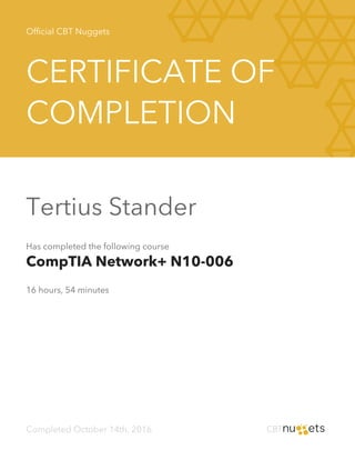 Official CBT Nuggets
CERTIFICATE OF
COMPLETION
Tertius Stander
Has completed the following course
CompTIA Network+ N10-006
16 hours, 54 minutes
Completed October 14th, 2016