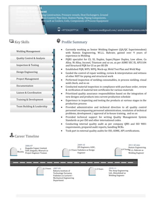 Key Skills Profile Summary
• Currently working as Senior Welding Engineer (QA/QC Superintendent)
with Ramsis Engineering, W.L.L. Bahrain; gained over 9 years of
experience in Welding
• PQRS specialist for CS, SS, Duplex, Super/Hyper Duplex, Low allow, Cu
Alloy, Ni Alloy, Inconel, Titanium and so on. as per ASME SEC IX, API1104
and Structural PQR for CS as per BS EN
• Established PQR, WPS, WPQ, Mock-up, Weld Test Plan and Weld Map
• Guided the control of repair welding, review & interpretation and witness
of other NDT for piping and structural work
• Performed inspection of welding consumables, in process welding, visual
weld check, and so on
• Conducted material inspection in compliance with purchase order, review
& verification of material test certificates for various materials
• Prioritized quality assurance responsibilities based on the integration of
new designs and products into current production schedule
• Experience in inspecting and testing the products at various stages in the
production process
• Provided administrative and technical direction to all quality control
personnel encompassing personnel administration, resolution of technical
problems, development / approval of in-house training, and so on
• Provided technical support for writing Quality Management System
Standards as per ISO and other international codes.
• Conducting internal quality audit as per company QMS and ISO 9001
requirements, prepared audit reports, handling NCRs.
• Took part in external quality audits for ISO, ASME, API certifications.
Career Timeline
Welding Management
Quality Control & Analysis
Inspection & Testing
Design Engineering
Project Management
Documentation
Liaison & Coordination
Training & Development
Team Building & Leadership
7
Months
1.3 Years 4.9 Years
2.2 Years 1.5 Years
AMIT C. BAMANYA
Welding Management
Proficient in Process Piping Construction, Pressure vessels, Heat Exchangers, Ground
Storage Tanks, Stacks, Cross Country Pipe lines, Station Piping, Piping Components,
various Process Equipment such as Coolers, Coils, Components of Process Equipment
and Special parts.
2006-07
Jhagadia Copper Limited,
GIDC Jhagadia, Bharuch as
Project Engineer Trainee
2009-10
JVS Engineers, GIDC,
Vadodara as Design
Engineer
2011 till date
Ramsis Engineering,
W.L.L. Bahrain as
Welding Engineer
2007-09
Babaria Institute of
Technology Varnama,
Vadodara as Lecturer -
Mechanical Engineering
Department
2010-11
The Anup Engineering
Ltd., Ahmedabad as
Welding Engineer
+97336207714 bamania.me@gmail.com/ amit.kumar@ramsis.com.bh
 