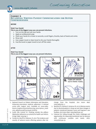 40
JULY/AUGUST2013
2. National Council on Patient Information and Education.
Enhancing prescription medicine adherence: A national
action plan. August 2007. Available at: www.talka­
boutrx.org/documents/enhancing_prescription_medi­
cine_adherence.pdf (accessed 7/1/2013).
3. Cutler DM, Everett W. Thinking outside the pillbox:
Medication adherence as a priority for health care reform.
N Engl J Med. 2009 Apr 7.
4. Forster AJ, Murff HJ, Peterson JF, et al. The incidence and
severity of adverse events affecting patients after dis­
charge from the hospital. Ann Intern Med.
2003;138(3):161–7.
5. Boockvar K, Fishman E, Kyriacou CK, et al. Adverse events
due to discontinuations in drug use and dose changes in
patients transferred between acute and long­term care
facilities. Arch Intern Med. 2004;164(5):545–50.
6. Coleman EA. Falling through the cracks: challenges and
opportunities for improving transitional care for persons
with continuous complex care needs. JAGS.
2003;51(4):549–55.
Continuing Education
www.nhia.org/CE_Infusion
Exhibit 6
Revamping Written Patient Communication for Better
Comprehension
BEFORE
Wash Your Hands!
This is one of the biggest ways you can prevent infections.
1. Turn on the tap and wet your hands
2. Apply an antibacterial soap
3. Wash your hands for at least 20 seconds, scrub fingers, thumbs, back of hands and wrists
4. Rinse well
5. Use a paper towel or clean towel to dry your hands thoroughly
6. Use the towel or paper towel to turn off the water.
AFTER
Wash Your Hands!
This is one of the biggest ways you can prevent infections.Clean Your Hands!
1.
WET
Clean Your Hands!
2.
SOAP
Clean Your
3.
WASH
20 seconds
ean Your Hands!
4.
RINSE
Clean Your Hands!
5.
DRY
Clean Your Hands
6. TURN OFF WATER
WITH PAPER TOWEL
 