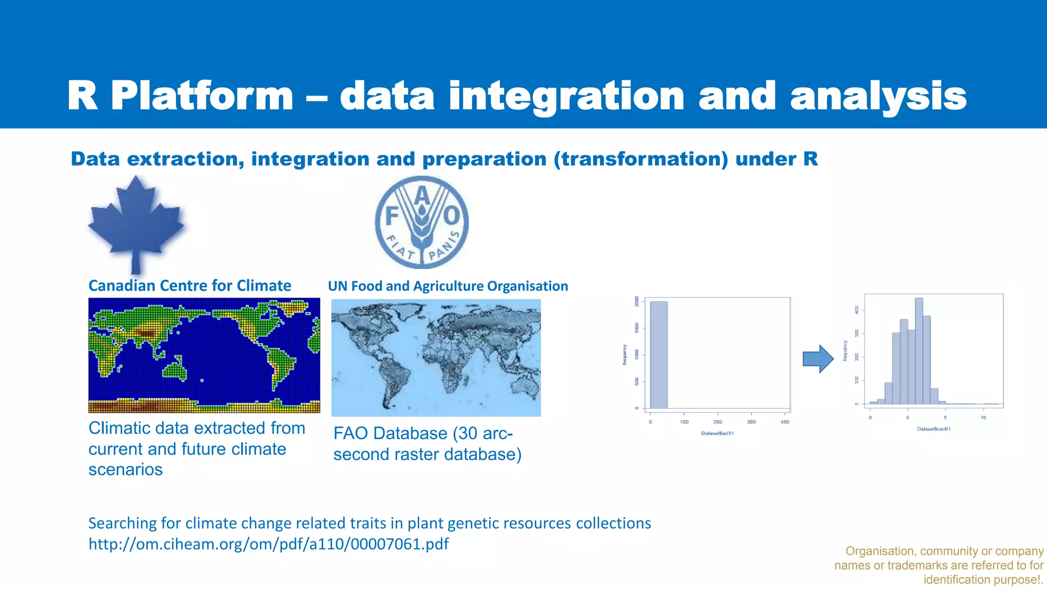 R Platform – data integration and analysis
UN Food and Agriculture OrganisationCanadian Centre for Climate
Climatic data extracted from
current and future climate
scenarios
FAO Database (30 arc-
second raster database)
Searching for climate change related traits in plant genetic resources collections
http://om.ciheam.org/om/pdf/a110/00007061.pdf
Data extraction, integration and preparation (transformation) under R
Organisation, community or company
names or trademarks are referred to for
identification purpose!.
 